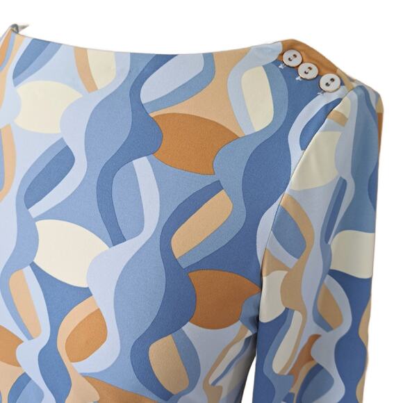 J McLaughlin Blue & Tan Wavesong Tee Top Size Small 3/4 Sleeve Catalina Fall - Picture 3 of 7